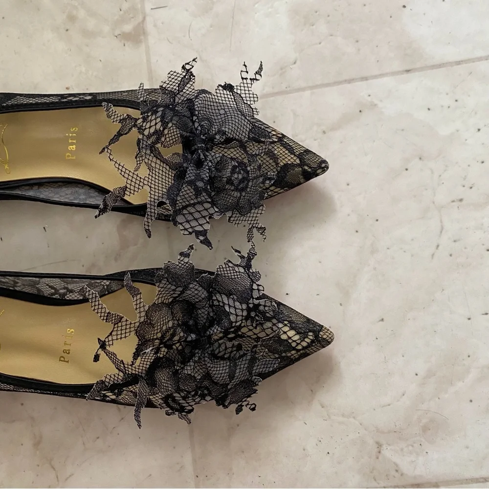 Christian Louboutin Delicatissima Black Satin Lace Pointed Toe Flats Size 8/38